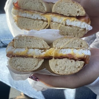 Bruegger's Bagels - Bacon egg & cheese on a plain bagel - Bagels Near Me - Aliso Viejo, California Bruegger's Bagels - Bacon egg & cheese on a plain bagel - Bagels Near Me - Aliso Viejo, California