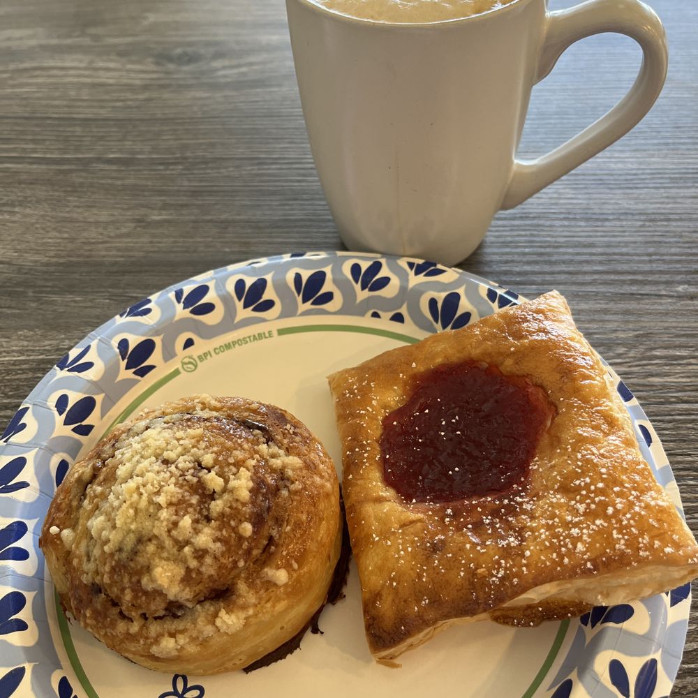 cinnamon roll, raspberry danish, vanilla latte