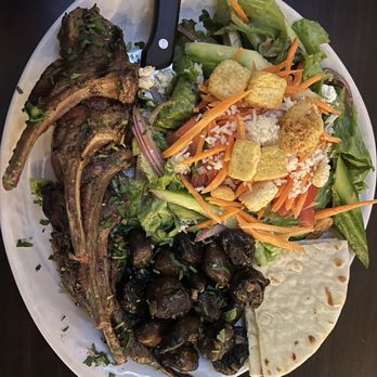 Olive Pit Grill -  Brea - 5pc Lamb Chops with Side Garden Salad and Side Roasted Mushrooms. - Greek Near Me - Brea, California