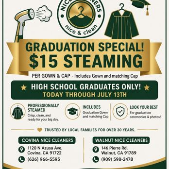 Walnut Nice Cleaners - High School Graduation Steam Special - Sewing & Alterations Near Me - Walnut, California Walnut Nice Cleaners - High School Graduation Steam Special - Sewing & Alterations Near Me - Walnut, California