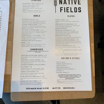 Native Fields - Current menu - New American Near Me - Walnut, California Native Fields - Current menu - New American Near Me - Walnut, California