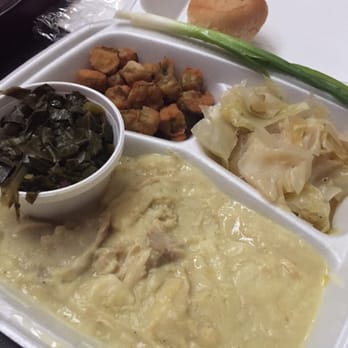 Po Melvin's - Chicken and dumplings, fresh greens, boiled cabbage, fried okra, and a roll. Yummmm - American Near Me - Irving, Texas