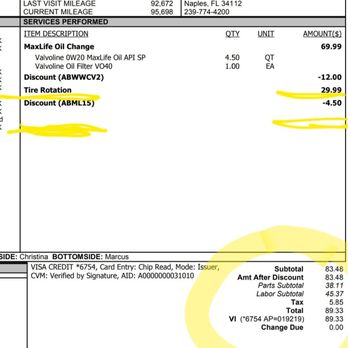 Valvoline Instant Oil Change - My receipt from Vavoline with the exact details of what I had to pay for - Oil Change Stations Near Me - Naples, Florida Valvoline Instant Oil Change - My receipt from Vavoline with the exact details of what I had to pay for - Oil Change Stations Near Me - Naples, Florida