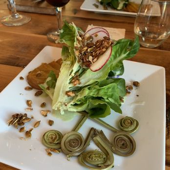 Mana Restaurant - cured beets, baby butter leaf, shaved fennel, pickled fern salad topped with a hempseed hyssop dressing, radish and candied pumpkin seeds - New American Near Me - Leavenworth, Washington Mana Restaurant - cured beets, baby butter leaf, shaved fennel, pickled fern salad topped with a hempseed hyssop dressing, radish and candied pumpkin seeds - New American Near Me - Leavenworth, Washington