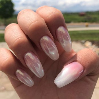 Ooh La La Nails - Pink & white ombré dip acrylic nails with chrome top coat - Nail Salons Near Me - Sheridan, Colorado