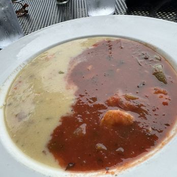 Inlet Prohibition Company - MIAMI VICE Bahamian Shrimp chowder topped with New England Clam Chowder "a great blend of taste & color", bowl only - Seafood Near Me - Murrells Inlet, South Carolina