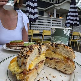 Ham, egg, & cheese on a toasted everything bagel; cup of coffee. Wife had the avocado toast, which she said was very good. Ham, egg, & cheese on a toasted everything bagel; cup of coffee. Wife had the avocado toast, which she said was very good.
