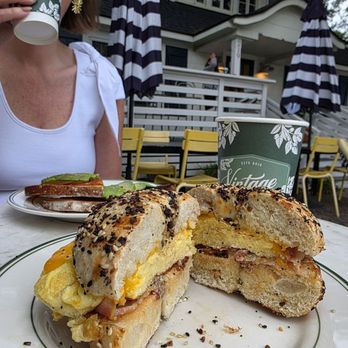 Vintage Coffee Cafe - Ham, egg, & cheese on a toasted everything bagel; cup of coffee. Wife had the avocado toast, which she said was very good. - Coffee & Tea Near Me - Mount Pleasant, South Carolina