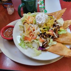 The Egg Factory - Taco salad with sour cream avocado and salsa.