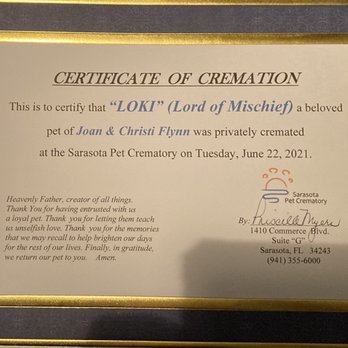 Sarasota Pet Crematory - Certificate of cremation - Pet Cremation Services Near Me - Sarasota, Florida Sarasota Pet Crematory - Certificate of cremation - Pet Cremation Services Near Me - Sarasota, Florida