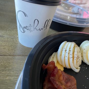 Smithville - 2 eggs, 2 pieces of butter toast and 2 slices of bacon. Delicious! And also a maple latte with oatmilk - Coffee & Tea Near Me - Loomis, California