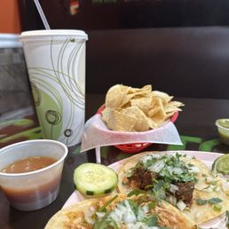 Tacos, chips and salsa. Horchata Tacos, chips and salsa. Horchata
