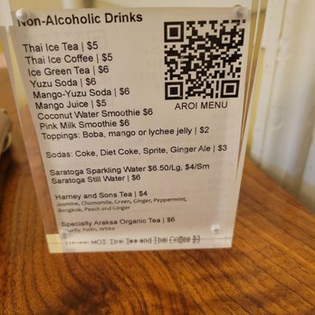 Aroi - a drink menu on a table - Thai Near Me - Rhinebeck, New York