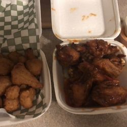 Maestro's Pizzeria - Left is fried cauliflower bites. Right is medium wings.