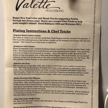 Valette Restaurant - Reheating and plating instructions. - New American Near Me - Healdsburg, California Valette Restaurant - Reheating and plating instructions. - New American Near Me - Healdsburg, California