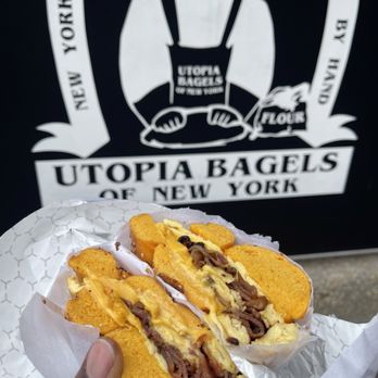 Utopia Bagels - Double Eggs, bacon and cheese Bagel Build Your Own Any 1 Meat Sandwich - Bakeries Near Me - Whitestone, New York Utopia Bagels - Double Eggs, bacon and cheese Bagel Build Your Own Any 1 Meat Sandwich - Bakeries Near Me - Whitestone, New York