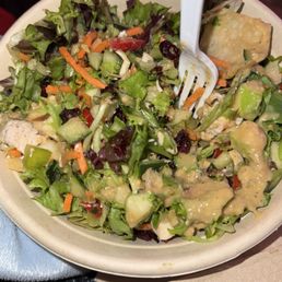 Simply Salad Mix, grilled chicken, shredded carrots, diced apples dried cranberries, red bell pepper, wontons and far ease dressing!