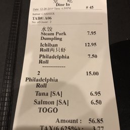 Bill for a birthday dinner for 2, plus salmon sashimi to go for our cat! Bill for a birthday dinner for 2, plus salmon sashimi to go for our cat!