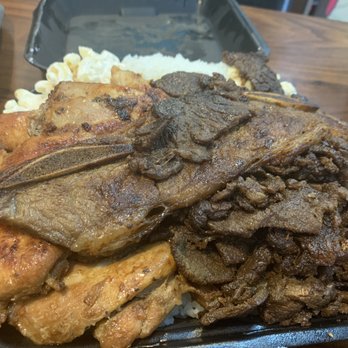 Aloha Hawaiian BBQ - BBQ plate - Beef, one short rib and chicken. All plates come with Mac salad, rice and vegetables. - Hawaiian Near Me - Stanton, California