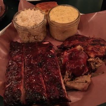 The Lancaster Smokehouse - 3 meat platter (Ribs, Chicken and pulled pork with cheesy grits and Mac N cheese) - Smokehouse Near Me - Kitchener, Ontario