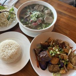 Steak and Meatball Pho and Stir-fried Eggplant Steak and Meatball Pho and Stir-fried Eggplant