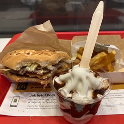McDonald's - Lumberjack burger, curly fries, hot fudge sundae