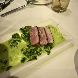 Mr. Lester's Steakhouse - Blackened tuna with creamed spinach