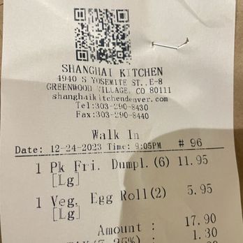 Shanghai Kitchen - My receipt - Dim Sum Near Me - Englewood, Colorado