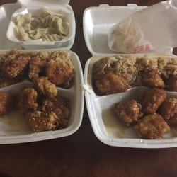 Sesame Chicken, Orange Chicken, and steamed dumplings