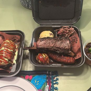 Texican BBQ - Pork Belly ,Dino Rib Big Tex Combo Texican Twinkie - Food Trucks Near Me - Olmito Texas, Texas