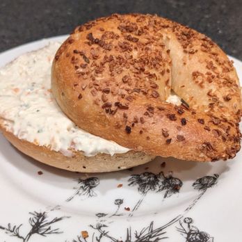 Brandwein's Bagels - Onion bagel with vegetable spread - Bagels Near Me - Chapel Hill, North Carolina