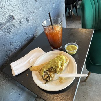Epoch Coffee - Tamale:Pablano with iced decaf beverage with Lavender syrup 1/28/24 - Coffee & Tea Near Me - Austin, Texas