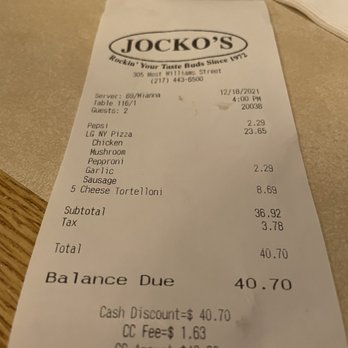 Jocko's - Our bill for two items - New American Near Me - Danville, Illinois