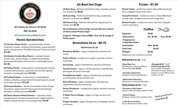 Menu photo 1 The Corner Creamery Hillman, MI Menu photo 1 The Corner Creamery Hillman, MI