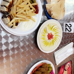 Beef shawarma Arabic platter, falafel platter, hummus side