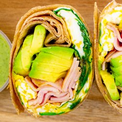Rise & shine egg wrap.
Sliced turkey, spinach avocado.