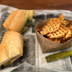 Kasey's Kitchen & Cocktails - Chimichurri Steak sandwich Special with waffle fries