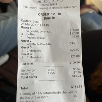 Huapangos - Copy of our receipt - Mexican Near Me - San Diego, California Huapangos - Copy of our receipt - Mexican Near Me - San Diego, California