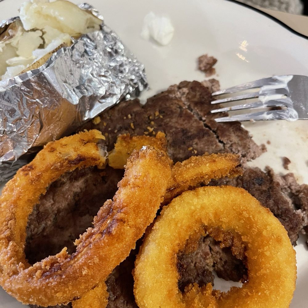The Plaza Cafe and Diner - Chopped Sirloin Steak with Baked Potato and Onion Rings - Desserts Near Me - Morris Plains, New Jersey The Plaza Cafe and Diner - Chopped Sirloin Steak with Baked Potato and Onion Rings - Desserts Near Me - Morris Plains, New Jersey