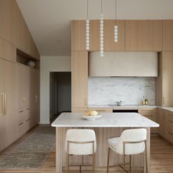 SoBo Homes - A luxury kitchen with a 2-seat island. Interior Design: Kate Moore. Photo: Dane Cronin