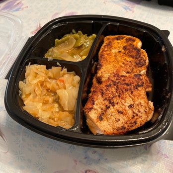 Ms. Ruby's Peach Cobbler Café Buckhead - Cabbage, green beans with potatoes ( didn't receive potatoes ), and blackened turkey chops - Southern Near Me - Atlanta, Georgia