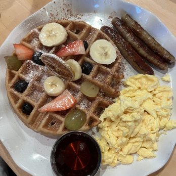 The Sunday - The Sunday Waffle Combo with scrambled eggs and sausage - Breakfast & Brunch Near Me - Emeryville, California The Sunday - The Sunday Waffle Combo with scrambled eggs and sausage - Breakfast & Brunch Near Me - Emeryville, California