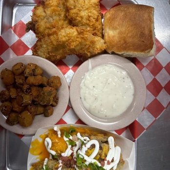 The Rodeo Rose Cafe - The Hooey(steak finger w gravy), deep fried tator skins okra - American Near Me - Mount Pleasant, Texas The Rodeo Rose Cafe - The Hooey(steak finger w gravy), deep fried tator skins okra - American Near Me - Mount Pleasant, Texas