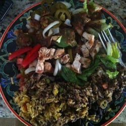 Chicken Tropichop with all toppings, half-lettuce half-yellow rice.