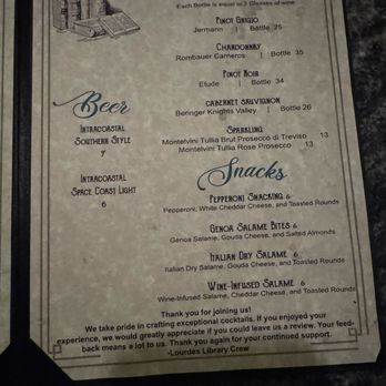 Lourde's Library - Menu-Wines and snacks - Speakeasies Near Me - Melbourne, Florida