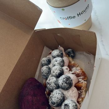Croffle House - Sweet potato bread, Blueberry Cream Cheese Croffle, misugaru latte with a shot of espresso. - Bakeries Near Me - Flushing, New York