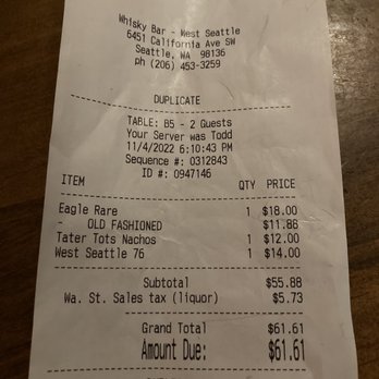 Whisky West - Ridiculous bill. - Whiskey Bars Near Me - Seattle, Washington Whisky West - Ridiculous bill. - Whiskey Bars Near Me - Seattle, Washington
