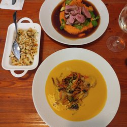 Pepř a Sůl - Braised rabbit leg (bottom) and roasted duck breast (top)  roasted spaetzel side
