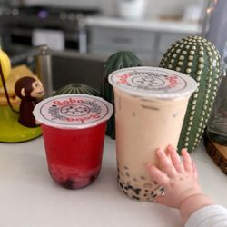 Bobaology - Jasmine milktea with panda boba and Guava Green Tea
