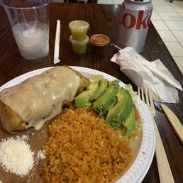 Chicken chimichanga, Rice and beans, plastic Chicken chimichanga, Rice and beans, plastic